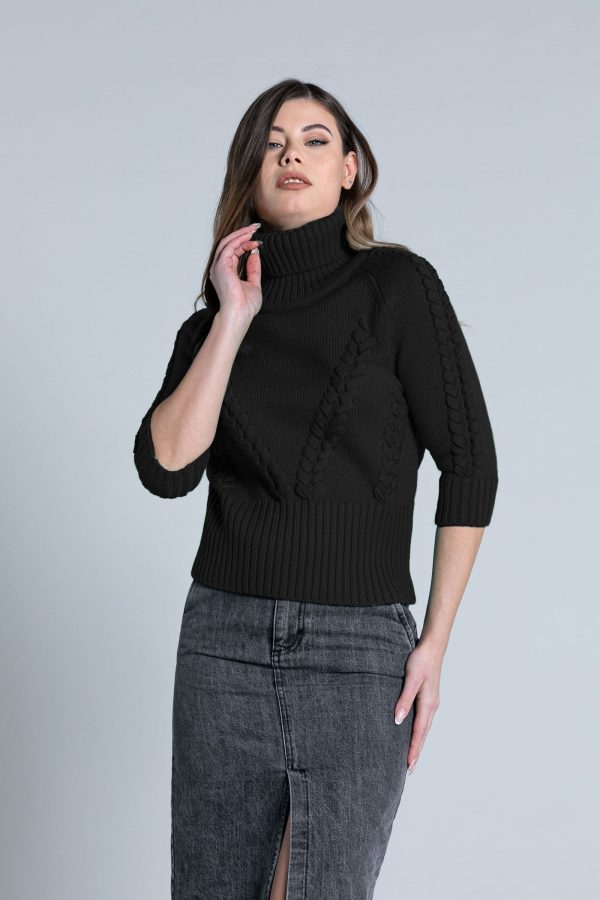 Πουλόβερ SCIT ζιβάγκο με μισό μανίκι με λεπτομέρειες από πλεξούδα μαύρο - Image 1