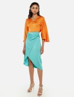 Wrap φούστα σατινέ με κόμπο aqua