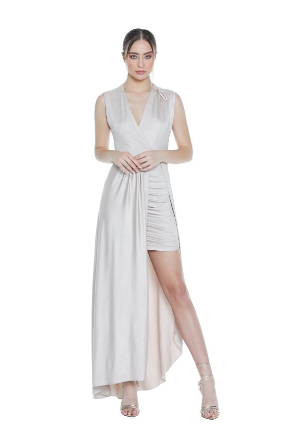 Αμάνικο φόρεμα ACHIRD με χιαστί λαιμόκοψη και καρφίτσα και μαζεμένη φούστα - Image 2