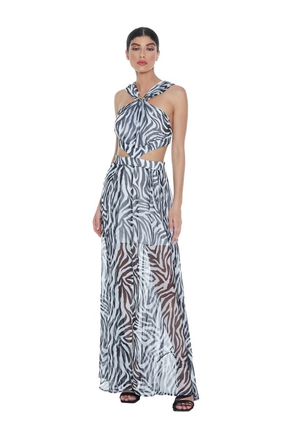 Φόρεμα ALGEDI μακρύ εξώπλατο τοπ με αξεσουάρ και σκίσιμο μπροστά από σχέδιο ζέβρας - Image 2