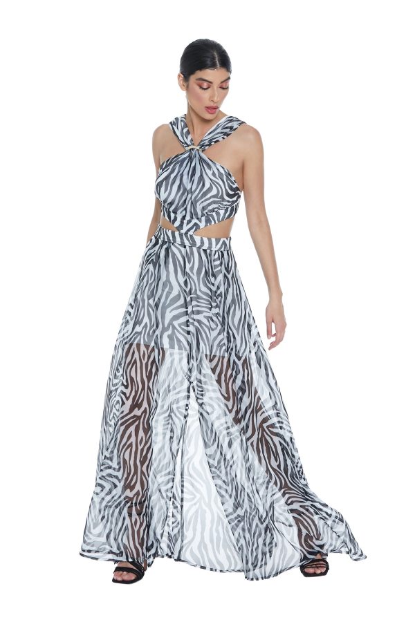 Φόρεμα ALGEDI μακρύ εξώπλατο τοπ με αξεσουάρ και σκίσιμο μπροστά από σχέδιο ζέβρας - Image 5