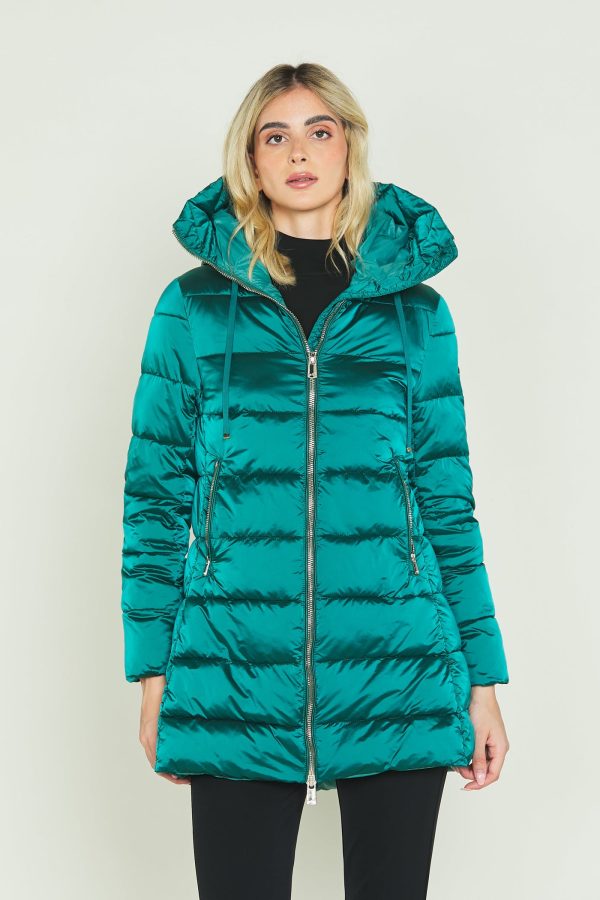 μακρυμάνικο πουπουλένιο μπουφάν με κουκούλα, κορδόνι, φερμουάρ και σατέν τσέπες - Image 2