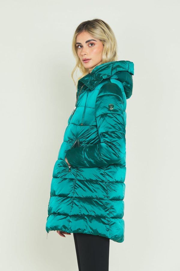 μακρυμάνικο πουπουλένιο μπουφάν με κουκούλα, κορδόνι, φερμουάρ και σατέν τσέπες - Image 3