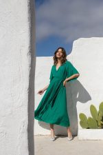 Φόρεμα μίντι με διαφάνεια στα μανίκια πράσινο