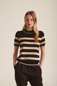 Short Sleeve Striped Mock Neck Sweater