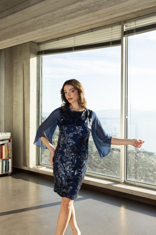 Φόρεμα μίνι με floral σχέδια από παγιέτα μπλε - Image 3