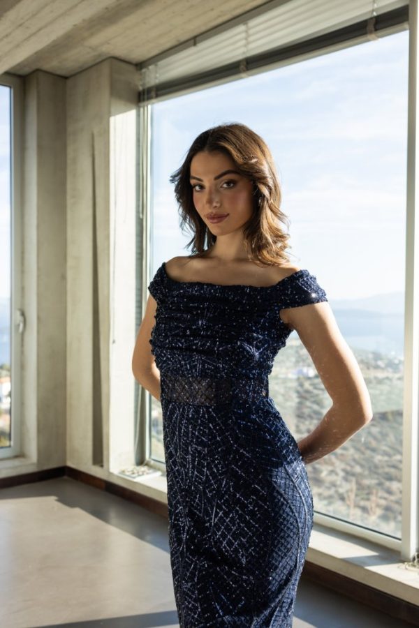 Φόρεμα εφαρμοστό με σχέδια από παγιέτα μπλε - Image 3