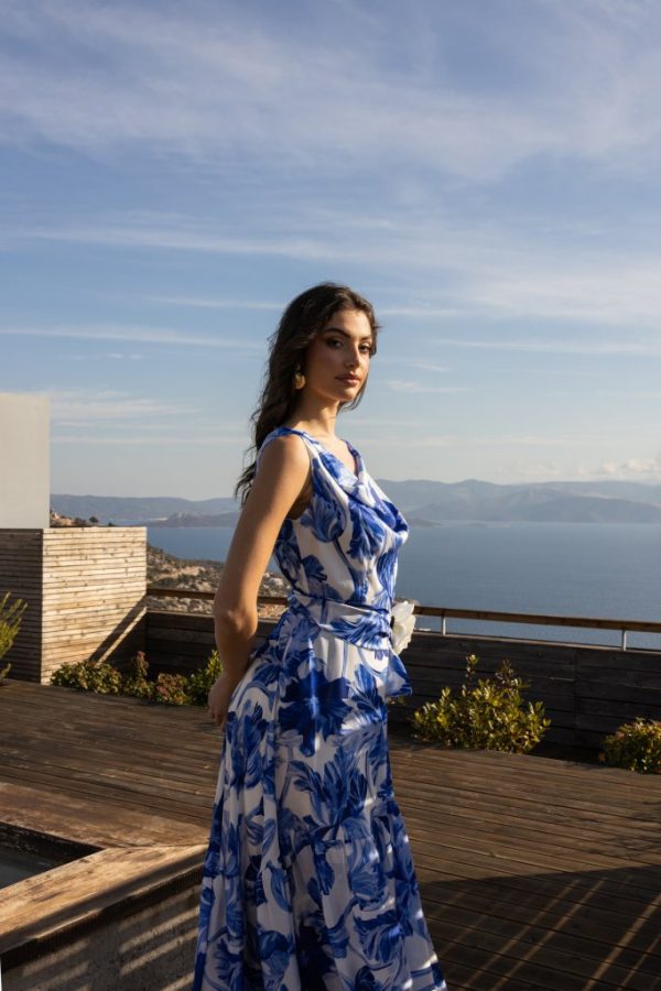 Φόρεμα με floral μοτίβο και ντραπέ μπούστο μπλε - Image 2