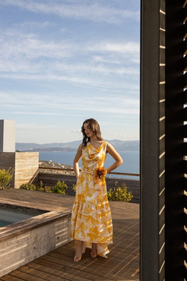 Φόρεμα με floral μοτίβο και ντραπέ μπούστο κίτρινο - Image 3