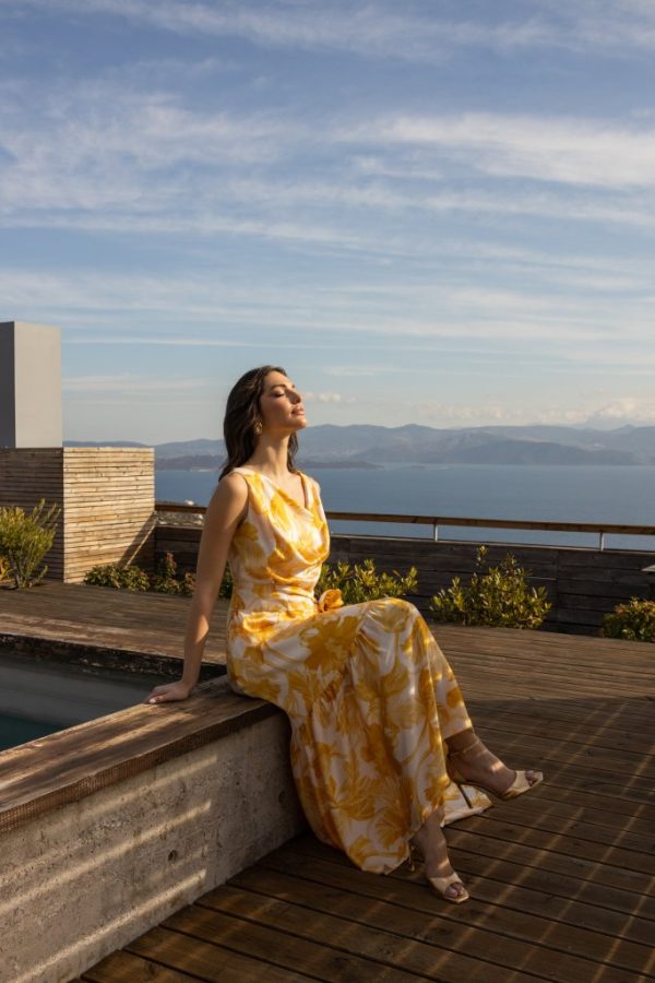 Φόρεμα με floral μοτίβο και ντραπέ μπούστο κίτρινο - Image 2