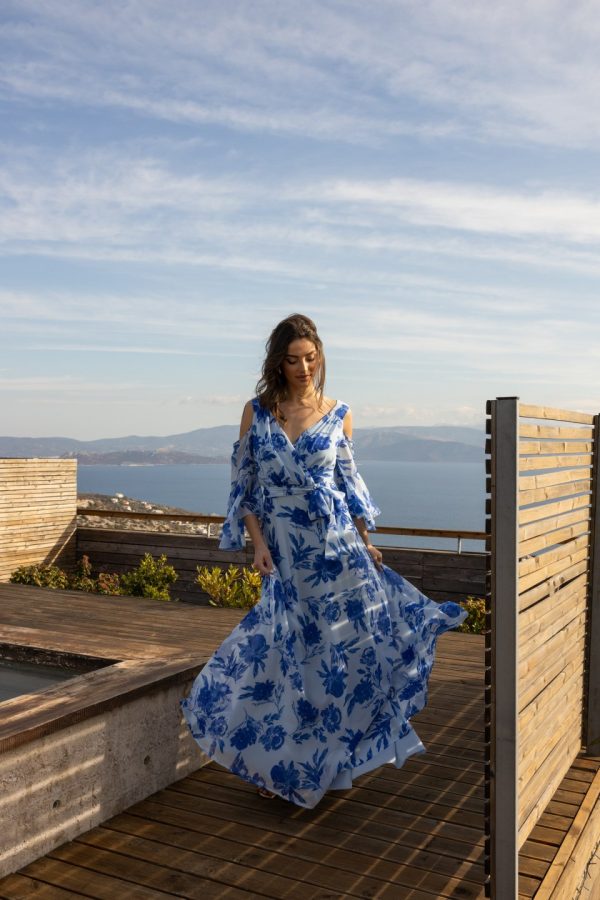 Φόρεμα με floral σχέδια και ιδιαίτερους ώμους γαλάζιο - Image 1