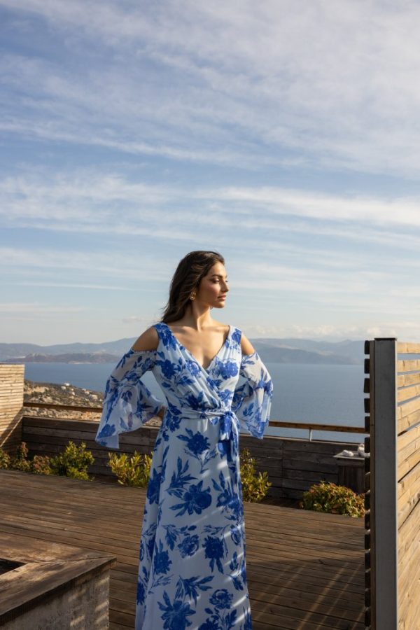 Φόρεμα με floral σχέδια και ιδιαίτερους ώμους γαλάζιο - Image 3