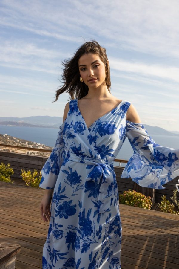 Φόρεμα με floral σχέδια και ιδιαίτερους ώμους γαλάζιο - Image 2