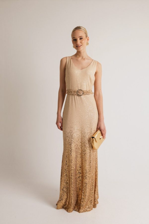 Φόρεμα αμάνικο με λαιμόκοψη V παγιέτα μπεζ - Image 1