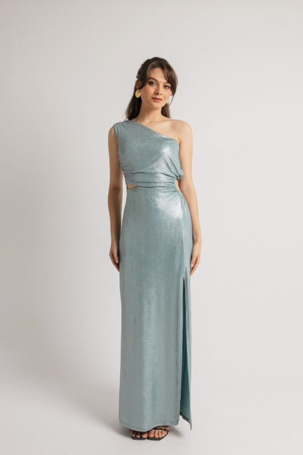 Φόρεμα μονόχρωμο γυαλιστερό ελαστικό με άνοιγμα στη μέση γαλάζιο - Image 1