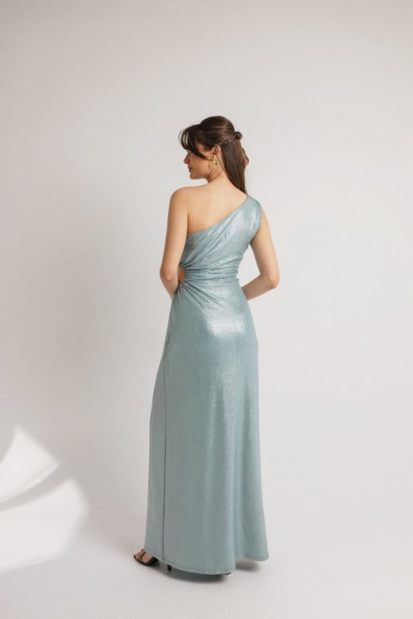 Φόρεμα μονόχρωμο γυαλιστερό ελαστικό με άνοιγμα στη μέση γαλάζιο - Image 2