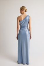 Φόρεμα μονόχρωμο γυαλιστερό ελαστικό με άνοιγμα στη μέση γαλάζιο (boue) - Image 3