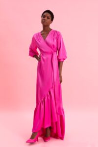 PINK CASCADE SATIN WRAP DRESS - Image 4
