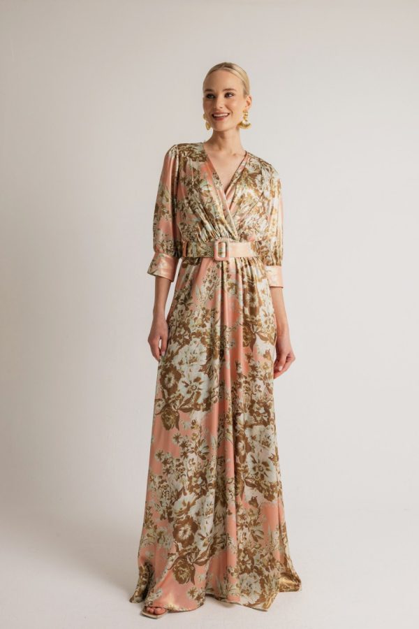 Φόρεμα κρουαζέ με μανίκι και ζώνη εμπριμέ ροζ - Image 3