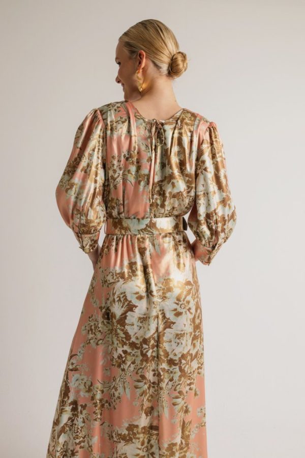 Φόρεμα κρουαζέ με μανίκι και ζώνη εμπριμέ ροζ - Image 2