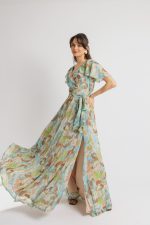 Φόρεμα κρουαζέ με φραμπαλά στους ώμους εμπριμέ