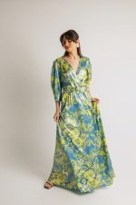 Φόρεμα κρουαζέ με μανίκι και ζώνη εμπριμέ κίτρινο