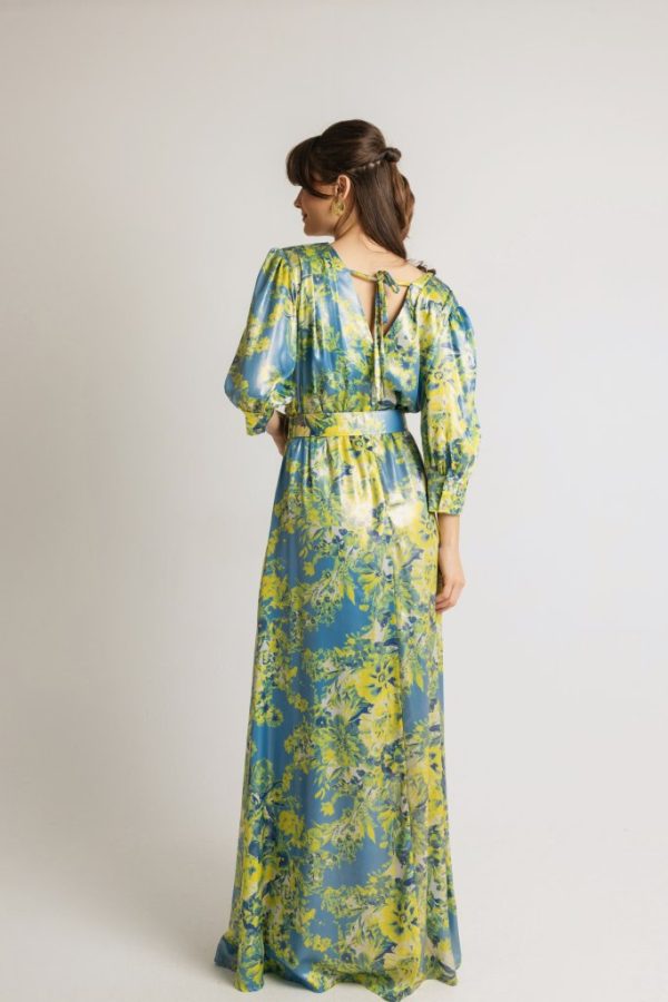 Φόρεμα κρουαζέ με μανίκι και ζώνη εμπριμέ κίτρινο - Image 2