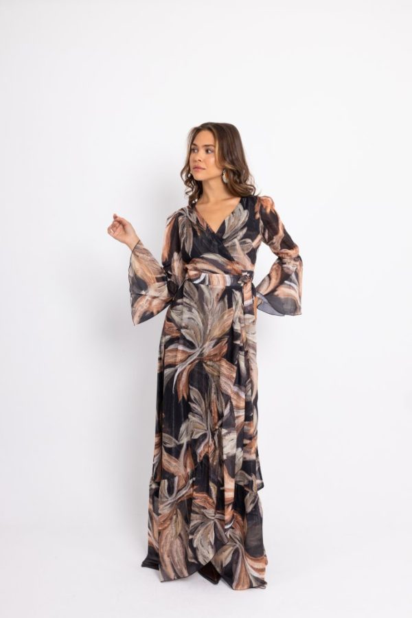 Φόρεμα maxi κρουαζέ με ιδιαίτερα σχέδια και μανίκι καμπάνα - Image 2