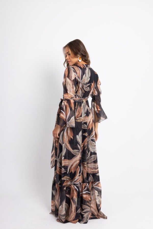 Φόρεμα maxi κρουαζέ με ιδιαίτερα σχέδια και μανίκι καμπάνα - Image 3