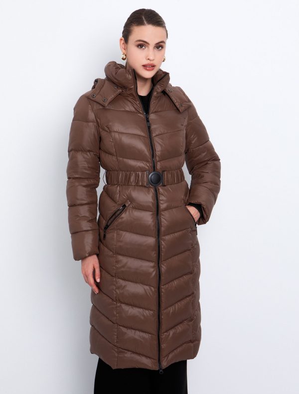 Mακρύ μπουφάν με ζώνη & κουκούλα - Image 1