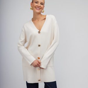 Πουλόβερ-Ζακέτα εκρού με χρυσά κουμπιά