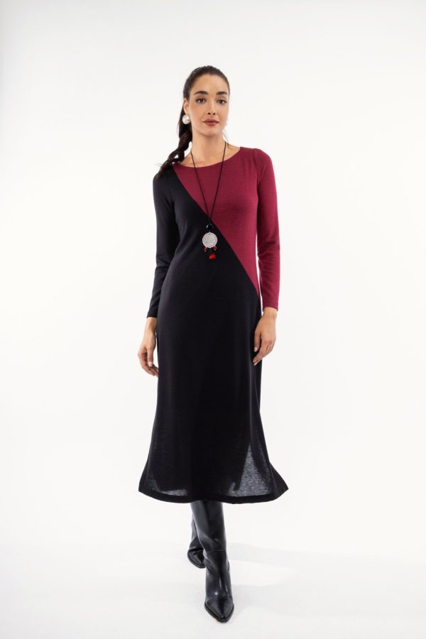 Φόρεμα μπορντό  midi με δίχρωμο σχέδιο - Image 1