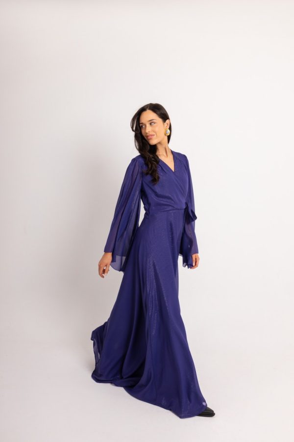 Φόρεμα maxi κρουαζέ με χρυσοκλωστή μονόχρωμο μπλε - Image 1