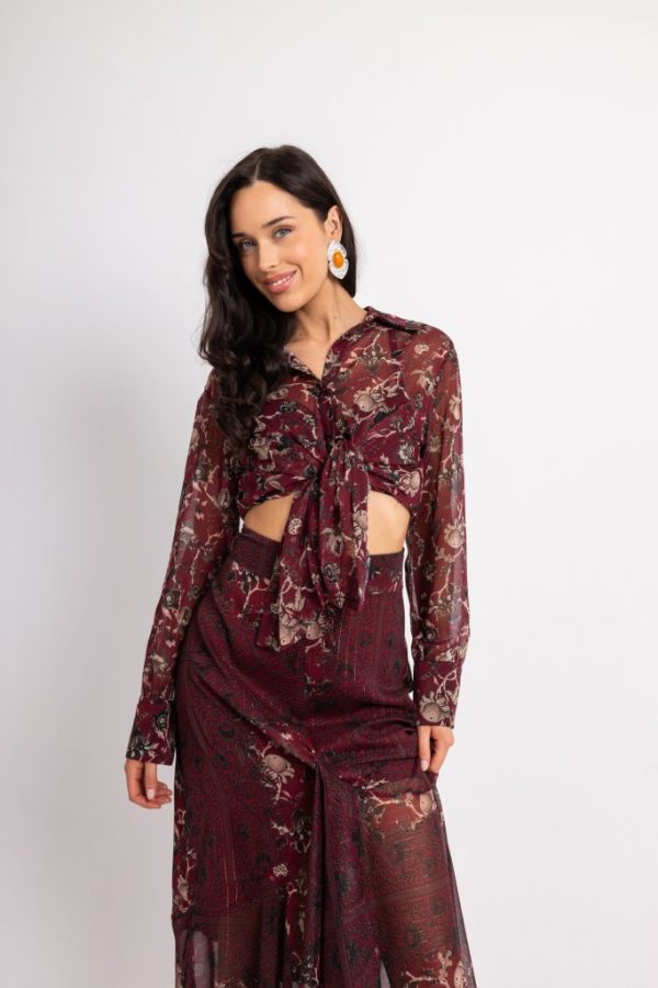 Σετ με ιδιαίτερα floral σχέδια και άνισο βολάν στη φούστα μπορντώ - Image 2