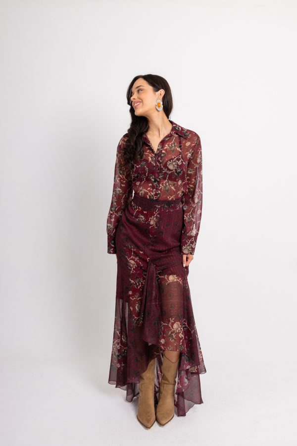 Σετ με ιδιαίτερα floral σχέδια και άνισο βολάν στη φούστα μπορντώ - Image 1