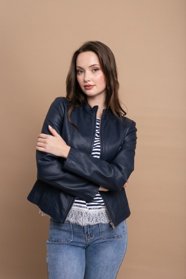 Μπλε Κοντό Μπουφάν Δερματίνη με Φερμουάρ - Image 3