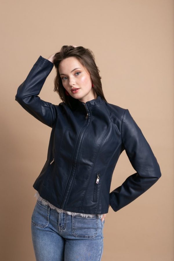 Μπλε Κοντό Μπουφάν Δερματίνη με Φερμουάρ - Image 1