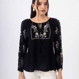 Μοντέρνα Μαύρη Μπλούζα με Κορδονάκι & Σούρες