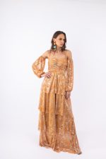 Γυναικείο Maxi Φόρεμα Πορτοκαλί με Glitter, Off Shoulder Μανίκια & Λεπτές Τιράντες - Image 3