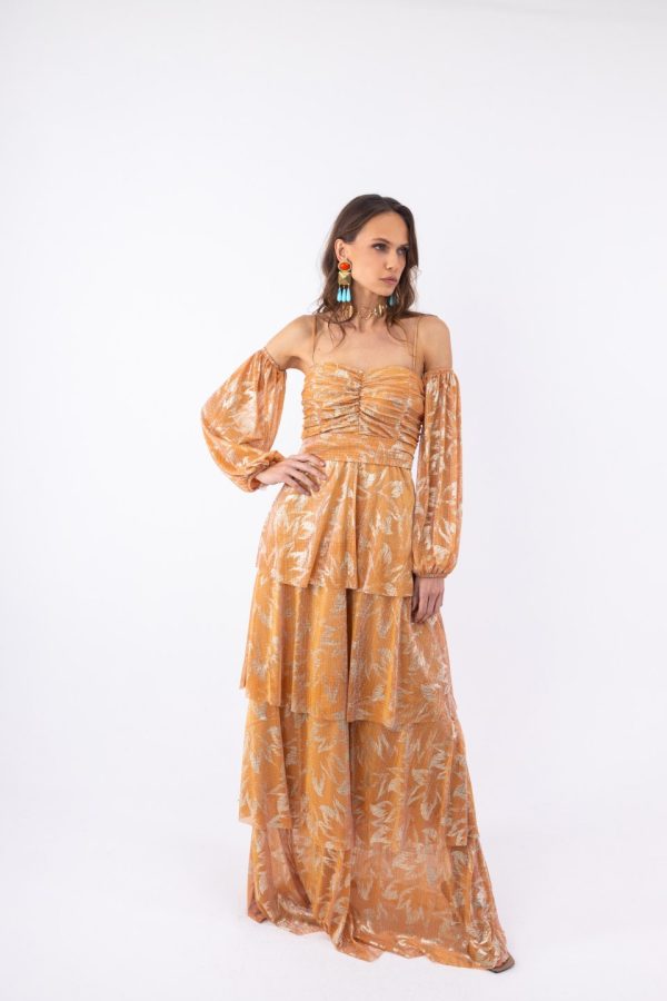 Γυναικείο Maxi Φόρεμα Πορτοκαλί με Glitter, Off Shoulder Μανίκια & Λεπτές Τιράντες - Image 3