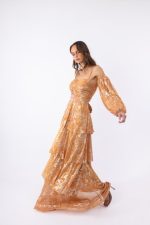 Γυναικείο Maxi Φόρεμα Πορτοκαλί με Glitter, Off Shoulder Μανίκια & Λεπτές Τιράντες - Image 4