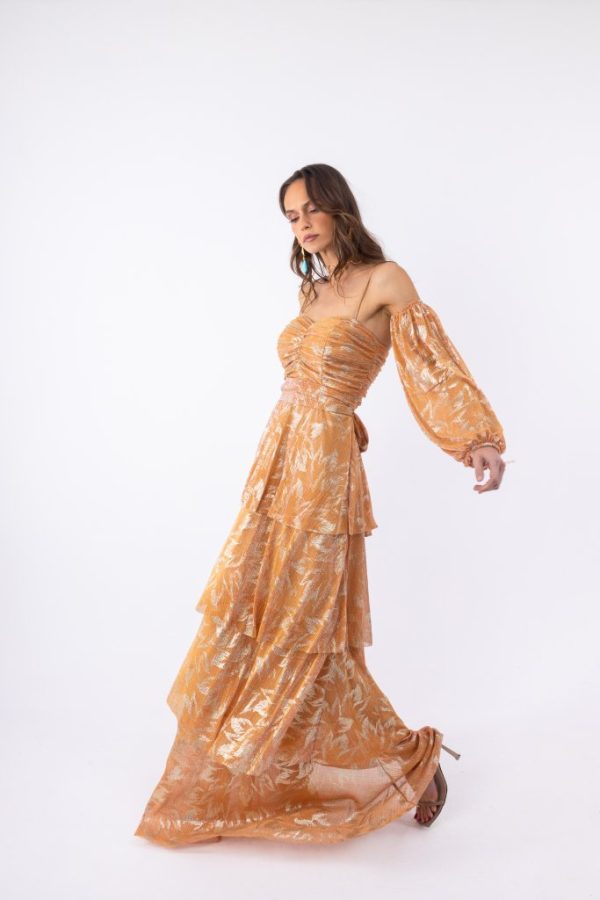 Γυναικείο Maxi Φόρεμα Πορτοκαλί με Glitter, Off Shoulder Μανίκια & Λεπτές Τιράντες - Image 4