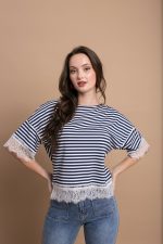 Ριγέ μπλούζα σε μπλε απόχρωση με δαντέλα - Image 2