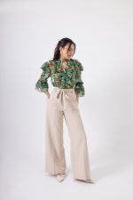 Παντελόνα ψηλόμεση μπεζ με ζώνη και κουμπί