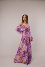 Γυναικείο Maxi Φόρεμα Off Shoulder Λιλά με Φλοράλ Σχέδια & Πλαϊνό Άνοιγμα - Image 5