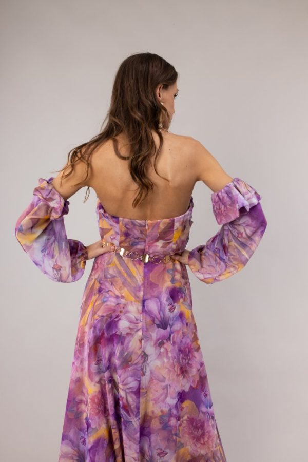 Γυναικείο Maxi Φόρεμα Off Shoulder Λιλά με Φλοράλ Σχέδια & Πλαϊνό Άνοιγμα - Image 6