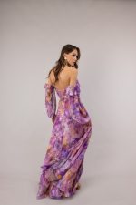 Γυναικείο Maxi Φόρεμα Off Shoulder Λιλά με Φλοράλ Σχέδια & Πλαϊνό Άνοιγμα - Image 4