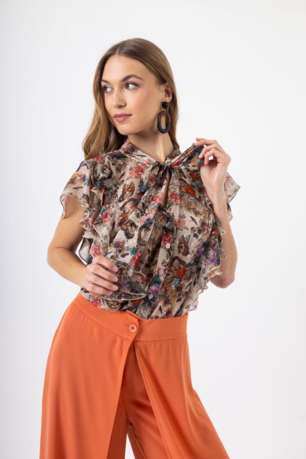 Πουκάμισο Φλοράλ Μπεζ-Εμπριμέ με Εντυπωσιακό Βολάν - Image 2