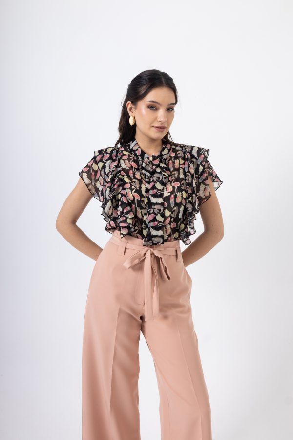 Πουκάμισο Φλοράλ Μπεζ-Εμπριμέ με Εντυπωσιακό Βολάν () - Image 1