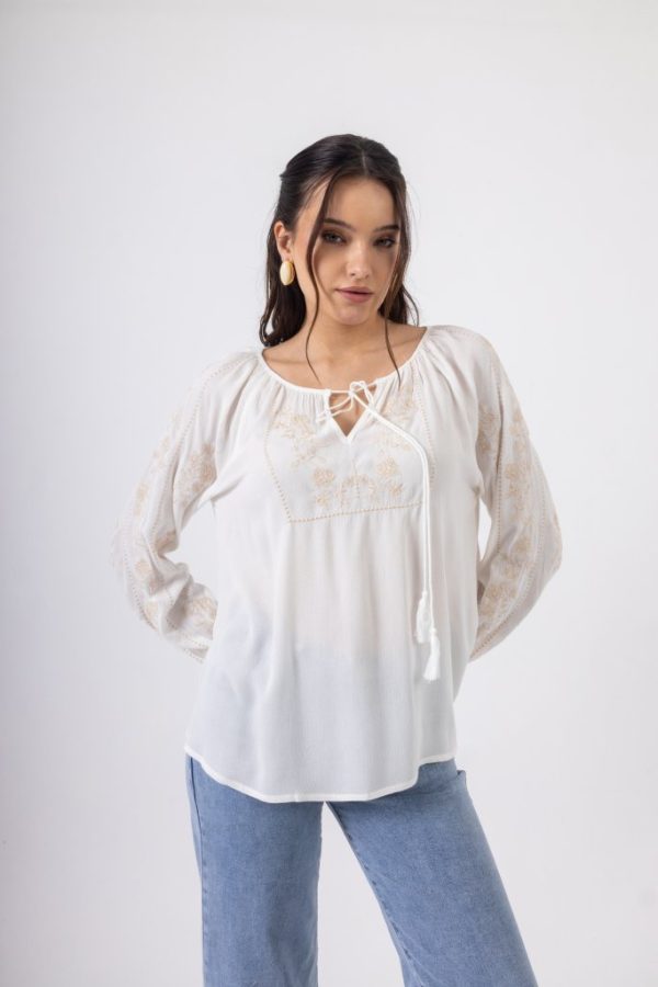 Μοντέρνα Μπλούζα με Κορδονάκι Σούρες (λευκή ) - Image 1